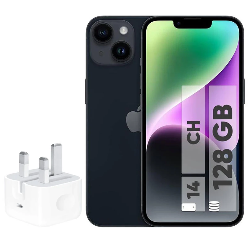 گوشی موبایل اپل مدل iphone 14 ch دو سیم کارت ظرفیت 128 گیگابایت و رم 6 گیگابایت - به همراه شارژر 20 وات اپل